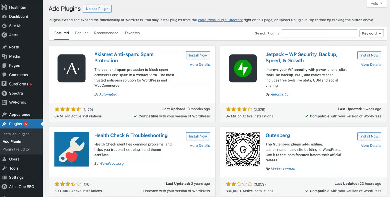 WordPress plugins dashboard