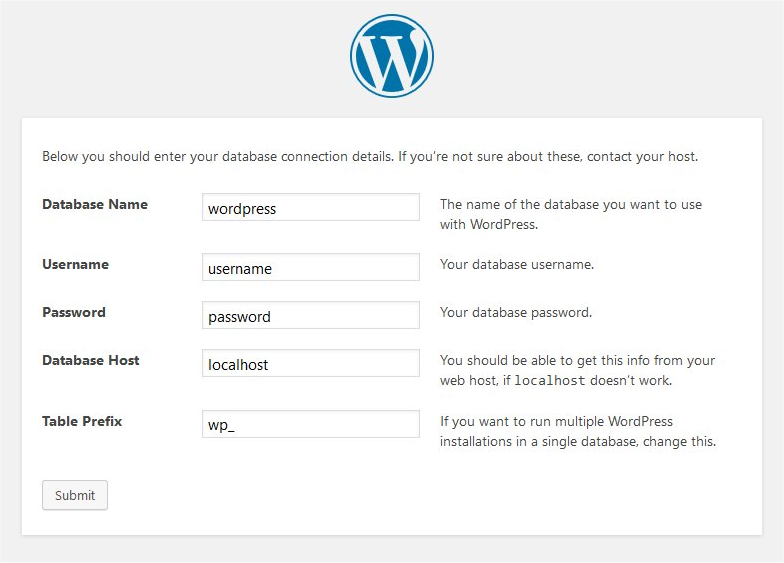 WordPress installation screen
