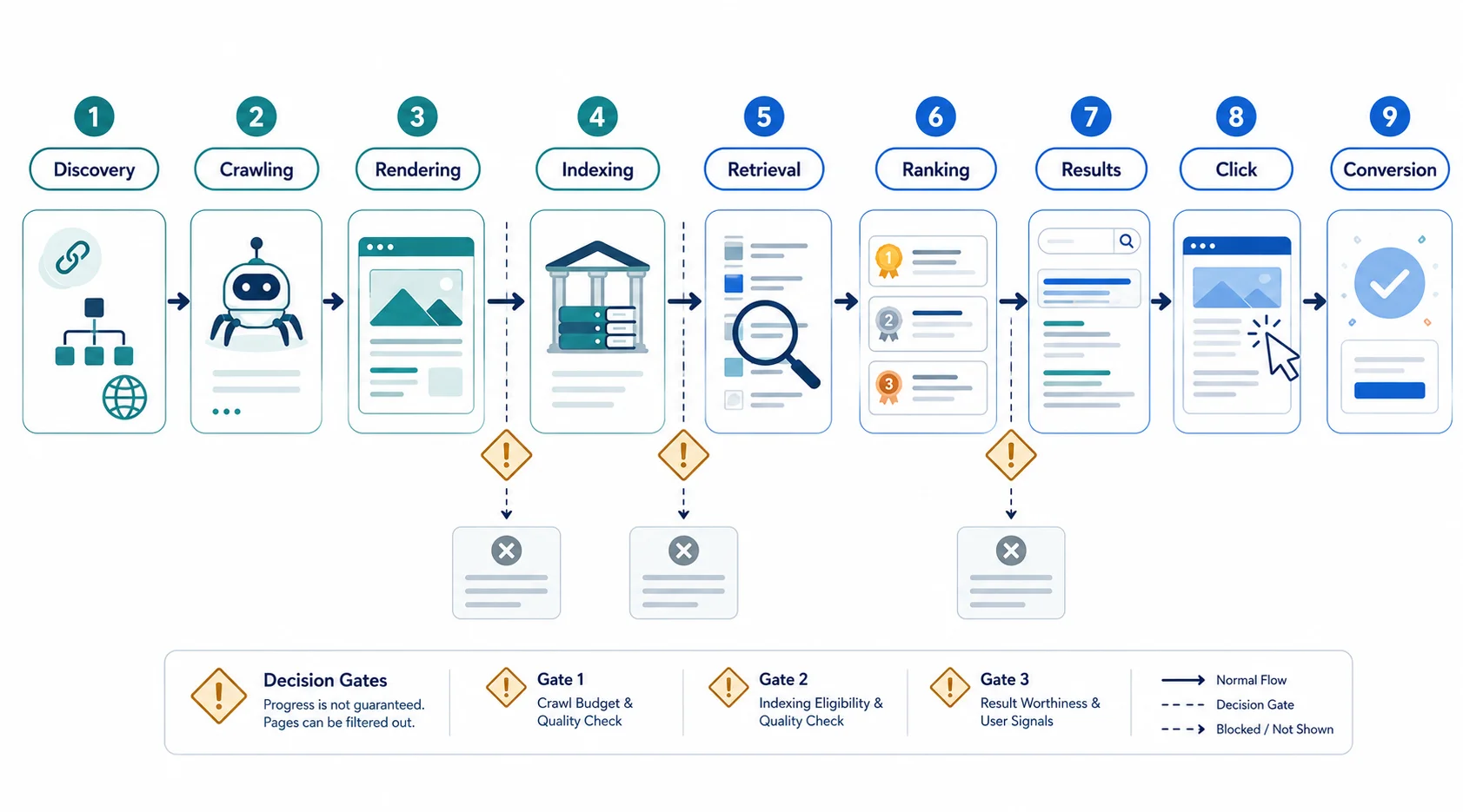 Stages from URL discovery through crawling, rendering, indexing, retrieval, ranking, clicking, and conversion