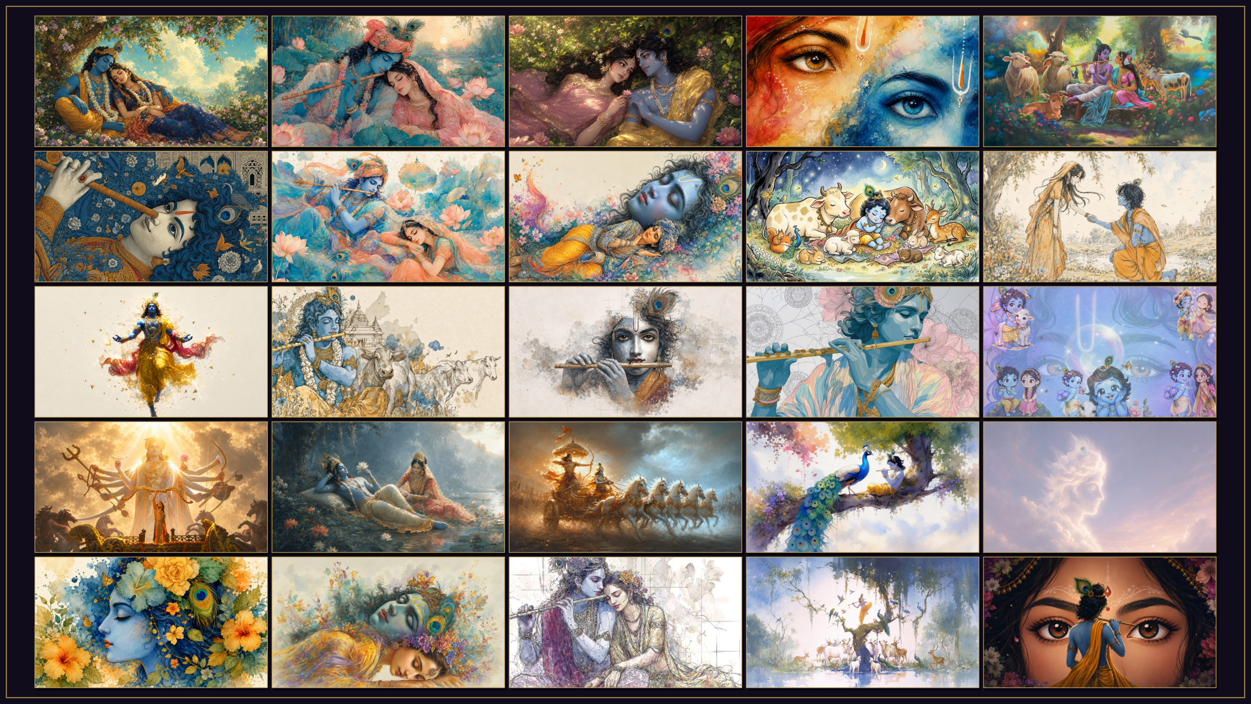 Modern Radha Krishna digital artwork in a peaceful setting