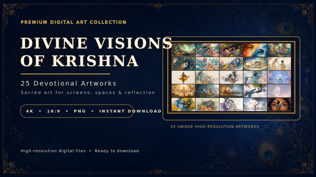 Krishna digital art images shown as a preview grid of 4K devotional artworks